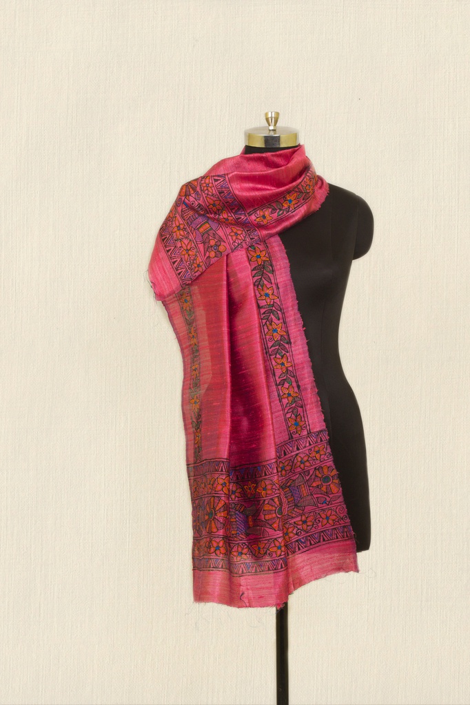 Rose Pink flowers and nature hand painted Madhubani tussar silk stole