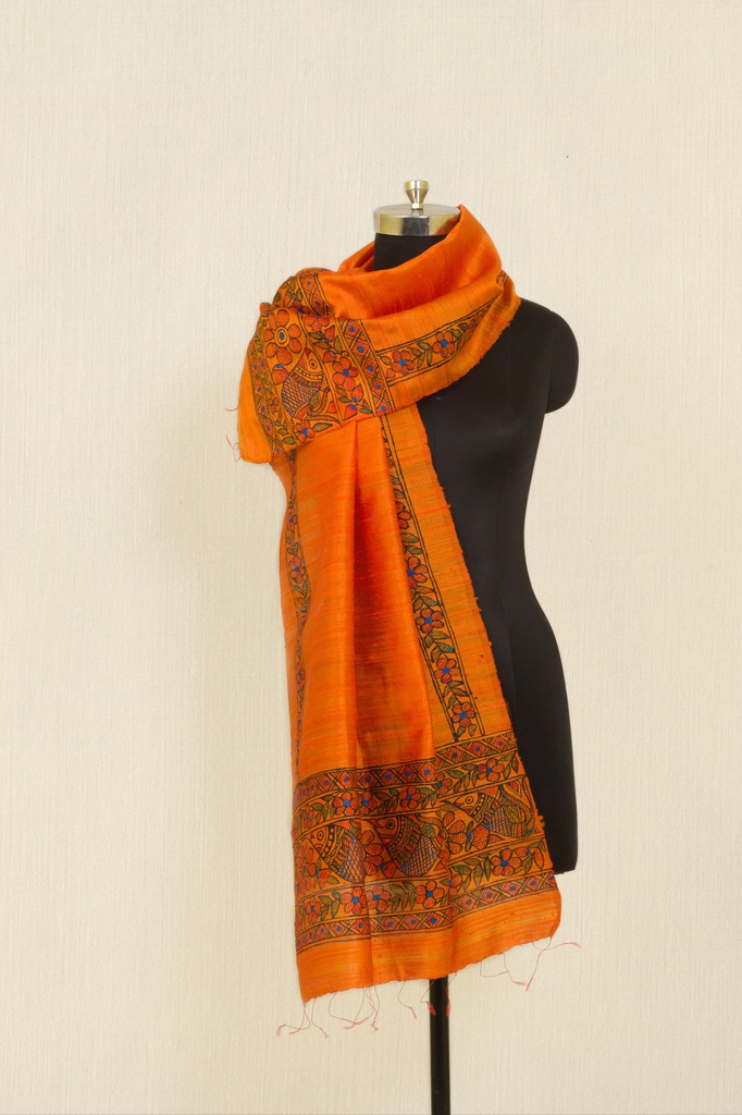 Orange fish and flowers hand painted Madhubani tussar silk stole