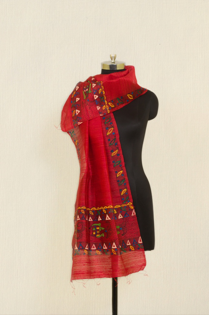 Red fish and nature hand painted Madhubani tussar silk stole