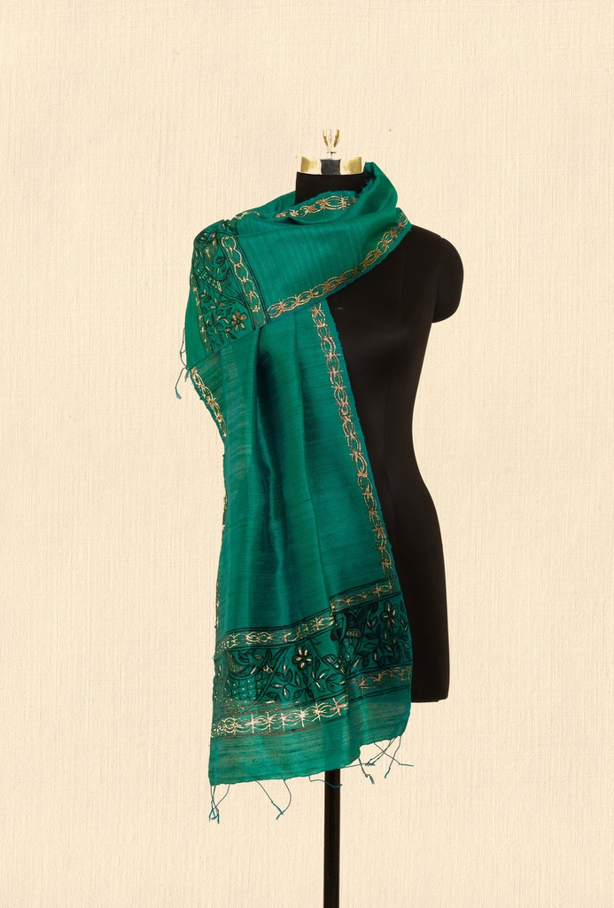 Teal Green modern patterns hand painted tussar silk