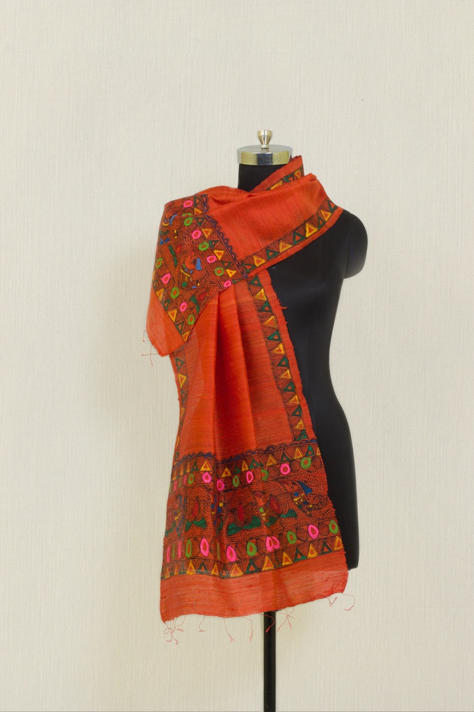 Orange fish and flowers hand painted Madhubani tussar silk stole