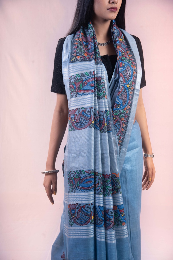Pastel Blue fishes and peacocks hand painted Madhubani cotton saree                                              **MADE TO ORDER**