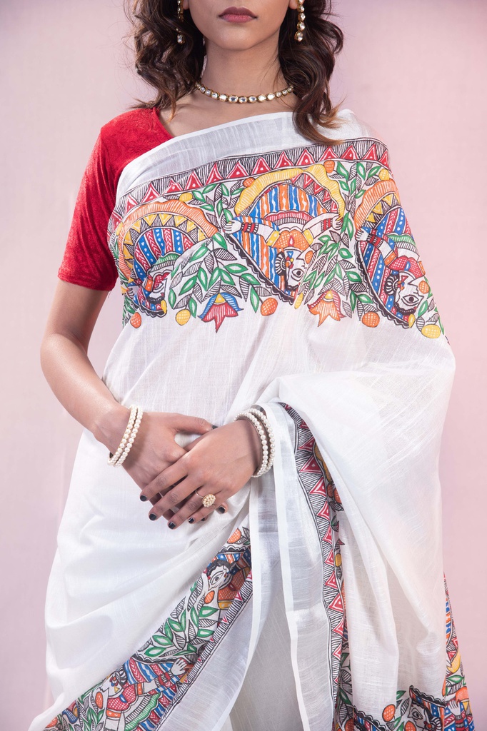 Pearl White Krishna leela hand painted Madhubani cotton saree                    **MADE TO ORDER**
