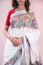 Pearl White Krishna leela hand painted Madhubani cotton saree                    **MADE TO ORDER**