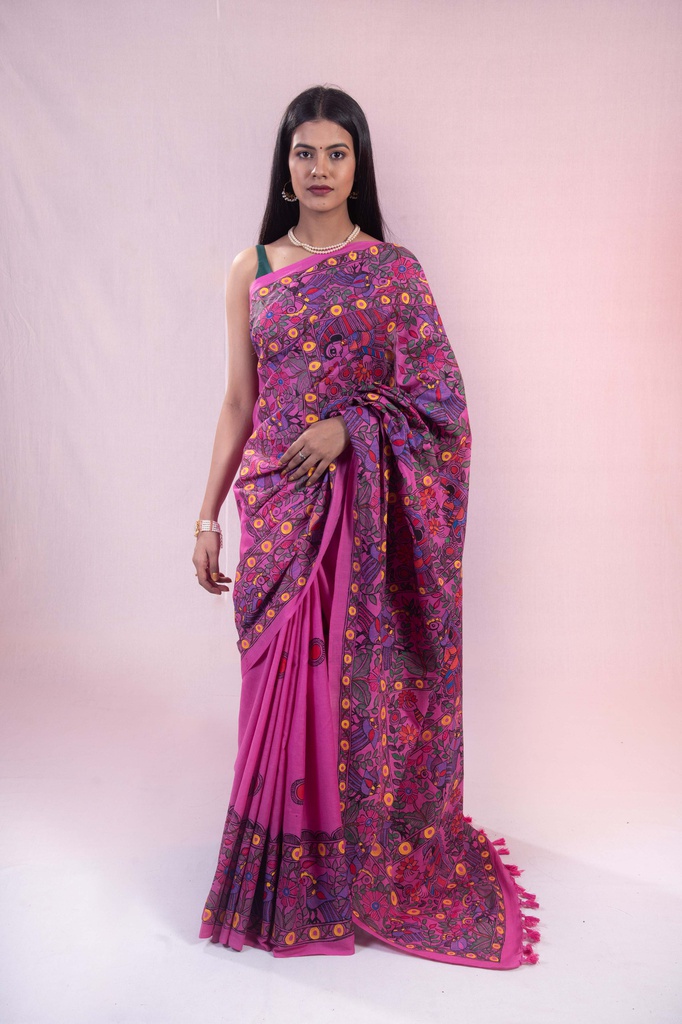 Magenta flowers nature hand painted Madhubani cotton saree                                                **MADE TO ORDER**