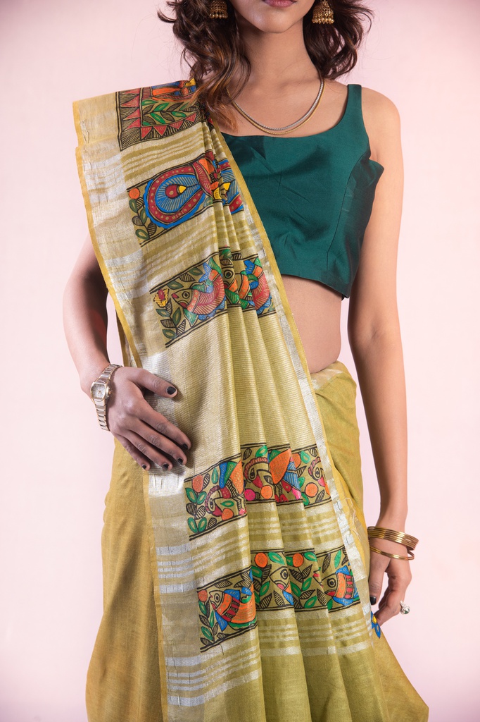 Olive fishes and peacocks hand painted Madhubani cotton saree