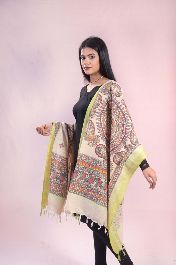 Beige Fish dance hand painted Madhubani cotton dupatta