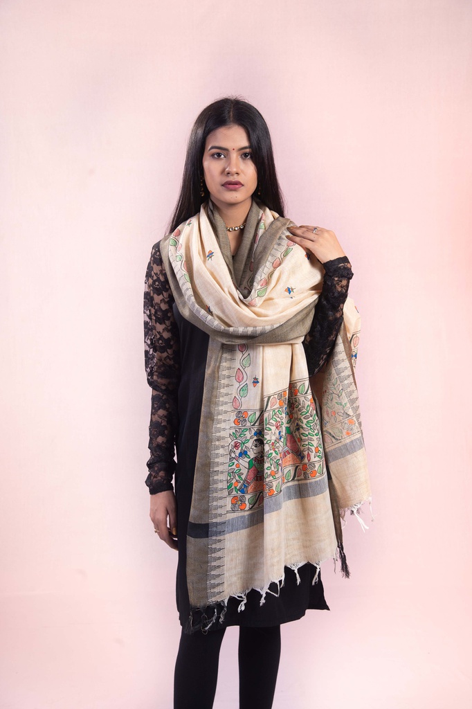 Beige village life hand painted Madhubani cotton dupatta