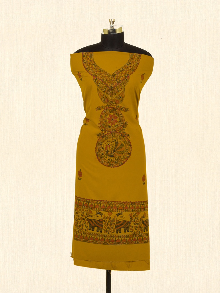 Golden yellow animals pattern hand painted cotton kurta