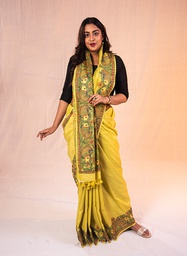 [SG/SS/MC/P/04] Yellow fishes rasleela hand painted Madhubani cotton saree         **MADE TO ORDER**