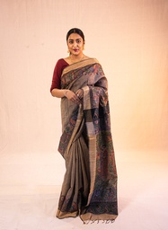 [SG/SS/MC/P/14] Charcoal Grey Radha Krishna hand painted Madhubani tussar silk saree