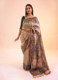 [SG/SS/MC/P/15] Beige Radha Krishna hand painted Madhubani tussar silk saree                                           **MADE TO ORDER**