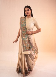 [SG/SS/MC/P/17] Ivory nature hand painted Madhubani tussar silk saree