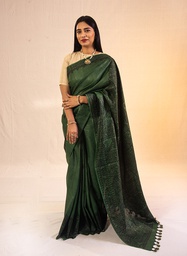 [SG/SS/MC/P/18] Hand painted Madhubani cotton Bottle Green Saree (Fishes and Peacock)