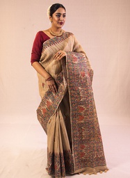 [SG/SS/MC/P/20] Beige Durga Devi hand painted Madhubani tussar silk saree                    **MADE TO ORDER**