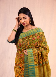 [SG/SS/MC/P/07] Turmeric Yellow flowers nature hand painted Madhubani cotton saree