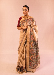 [SG/SS/MC/P/22] Beige Radha Krishna hand painted Madhubani tussar silk saree                    **MADE TO ORDER**