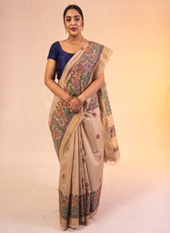 [SG/SS/MC/P/25] Beige Radha Krishna hand painted Madhubani tussar silk saree                    **MADE TO ORDER**