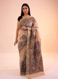 [SG/SS/MC/P/11] Beige Radha Krishna hand painted Madhubani tussar silk saree                                          **MADE TO ORDER**