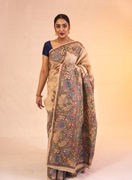 [SG/SS/MC/P/26] Beige nature hand painted Madhubani tussar silk saree              **MADE TO ORDER**