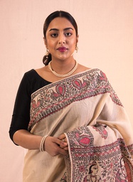 [SG/SS/MC/P/10] Off White Doli Kahaar Ram Sita hand painted Madhubani cotton saree                               **MADE TO ORDER**