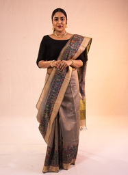 [SG/SS/MC/P/12] Charcoal Grey Doli kahaar Ram Sita hand painted Madhubani tussar silk saree