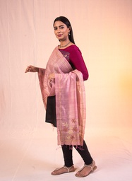 [SG/SUS/TST/07] Rose Pink Sujni threads with beige leaves handmade silk stole
