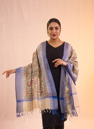 [SG/SUS/TST/18] Beige peacock dance hand painted Madhubani cotton dupatta