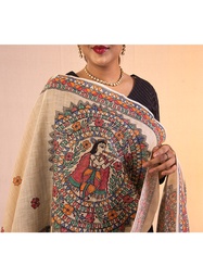 [SG/SUS/TST/14] Beige Krishna hand painted cotton stole         **MADE TO ORDER**