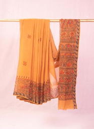 [SG/KK/MC/01] Orange flowers nature hand painted Madhubani cotton saree