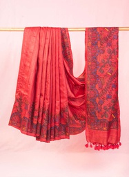 [SG/SS/MT/04] Red flowers nature hand painted Madhubani tussar silk saree                                            **MADE TO ORDER**