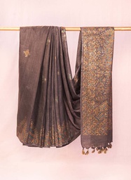 [SG/GP/MT/05] Charcoal grey flowers nature hand painted Madhubani tussar silk saree