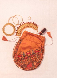 [SG/GP/MPOS/01] Orange Hand painted Madhubani potli bag for weddings and occasions                              **MADE TO ORDER**