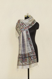 [SG/KK/MTS/10] Smoke Grey peacocks and flowers hand painted tussar silk stole