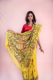 [SG/MM/MCS/S4/01] Yellow Ram Sita Vivaah hand painted Madhubani cotton saree