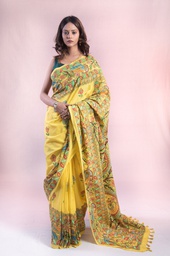 [SG/MM/MCS/S4/02] Yellow flowers and peacocks hand painted Madhubani cotton saree                                       **MADE TO ORDER**