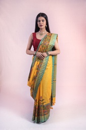 [SG/KK/MCS/S4/03] Turmeric Yellow Saree with flowers and peacocks hand painted Madhubani designs on Cotton