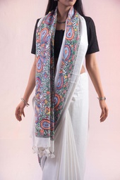 [SG/SS /MCS/S4/05] Office Wear White Saree with Radha Krishna Madhubani designs on hand painted cotton                                    **MADE TO ORDER**
