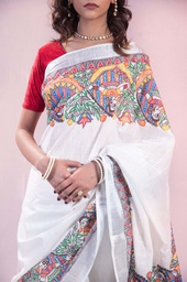 [SG/SS /MCS/S4/06] Pearl White Krishna leela hand painted Madhubani cotton saree                    **MADE TO ORDER**
