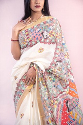 [SG/MM/MCS/S4/08] Off White Ram Sita Vivaah hand painted Madhubani cotton saree
