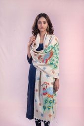 [SG/MM/MCS/S4/01] Beige peacock dance hand painted Madhubani cotton stole