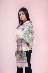 [SG/GP/MCD/S4/02] Beige village life hand painted Madhubani cotton dupatta