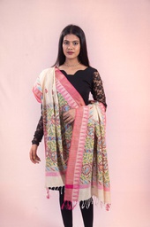 [SG/MM/MCD/S4/03] Beige fish and peacocks hand painted Madhubani cotton dupatta