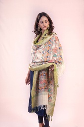 [SG/GP/MCD/S4/05] Beige fish and peacock hand painted Madhubani cotton dupatta