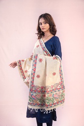 [SG/MM/MCS/S4/03] Ivory fish dance hand painted Madhubani cotton stole