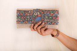 Jute peacock patterns hand painted Madhubani clutch bag